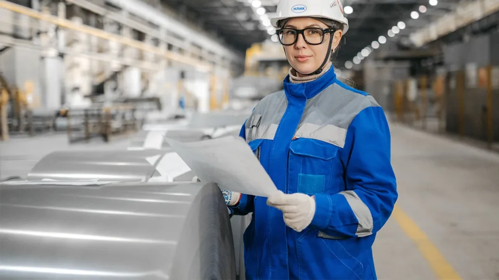 Factory employee reviewing production and order documents