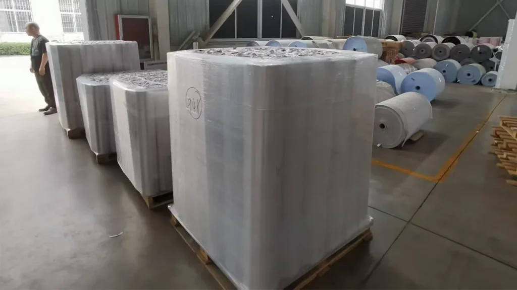 PVC film rolls protected on pallets for export delivery